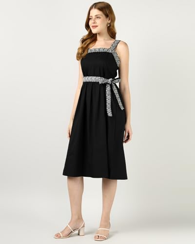 Sands of India Women’s Black Embroidered Midi Dress | Sleeveless Belted Evening Dress | Elegant Party, Casual Dress for Women