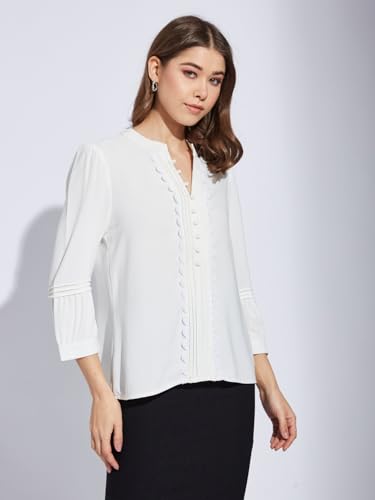 Latin Quarters Women White V-Neck 3/4th Sleeve Solid Tunic Blouse_S
