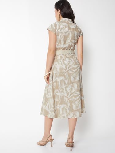 Max Women Printed Belted Shirt Dress (Beige_M)
