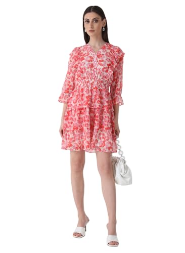 Kazo Women's Chiffon Fit and Flare Mini Dress (125459_Pink White Combo