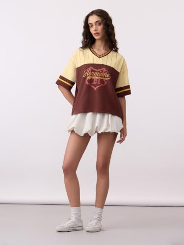The Souled Store Harry Potter: Genius Women and Girls Short Sleeves V Neck Maroon and Beige Graphic Printed Cotton Oversized Breathable Lightweight All Season T-Shirts