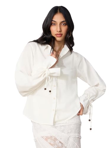 The Souled Store Cotton Linen: Ivory Women and Girls Long Sleeves Collared Neck Button Front Solid Regular Fit Cotton Linen Shirts