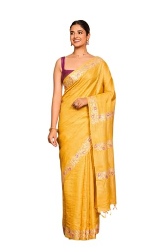 Taneira Women Yellow Embroidered Pure Tussar Silk Saree with Unstitched Blouse Piece (SAPP13AC2532-Yellow)