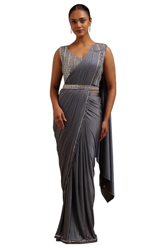 Soch Womens Grey Spandex Solid Ready To Wear Saree