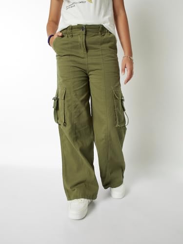 Max Girls Solid Wide Leg Cargo Trousers (Green_8-9 Y)