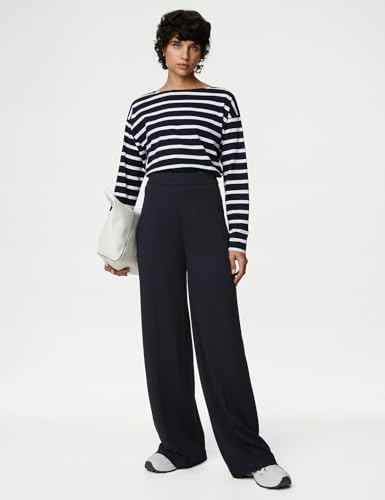 Solid Navy Blue Viscose Womens Wide Leg Jersey Stretch Trousers