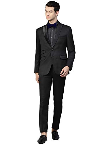 MANQ Men Black Solid Slim Fit Tuxedo Suit (Size: 44)