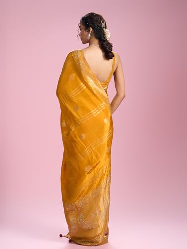 MOHEY Women's Art Silk Stone Work, Weave Saree with Blouse Piece(Mustard Yellow)