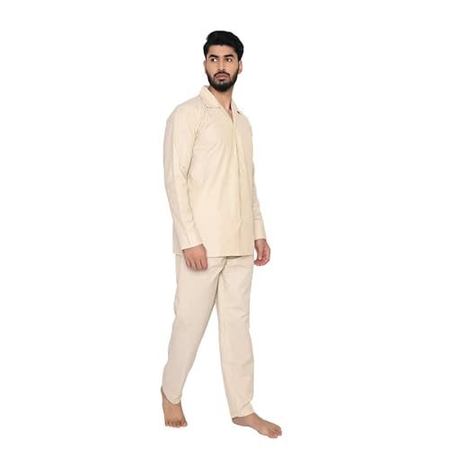 Tatwam FILAFIL Cotton RICHED with Polyester Mens Nightsuit with Fully Elastic Pajama and Buttoned Full Sleeve TOP Size-L,L.Fawn