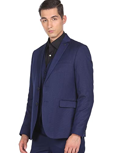 Men Navy Notch Lapel Collar Patterned Suit