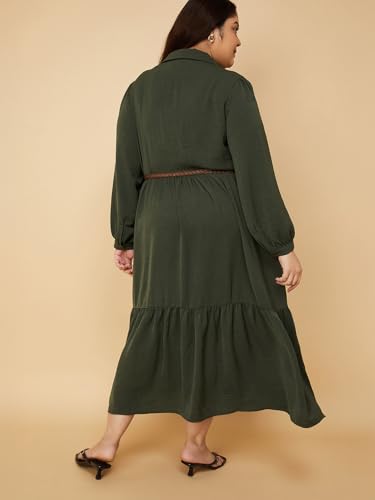 Max Women Textured A-line Tiered Shirt Dress with Belt (Green_3XL)
