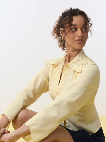 The Souled Store Tailored Solids: Lemon Tonic Women and Girls Full Length Spread Collar Yellow Embroidered Cotton Slim Fit Stretch Fabric Shirt for Formal Wear and Business Casual