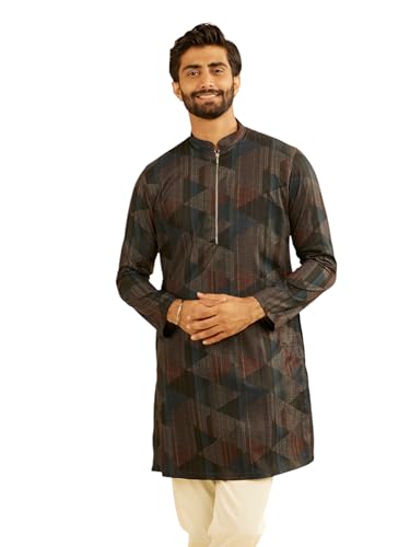 Manyavar Men's Spandex Printed Causal Mid Length Kurta(Rust,XL)