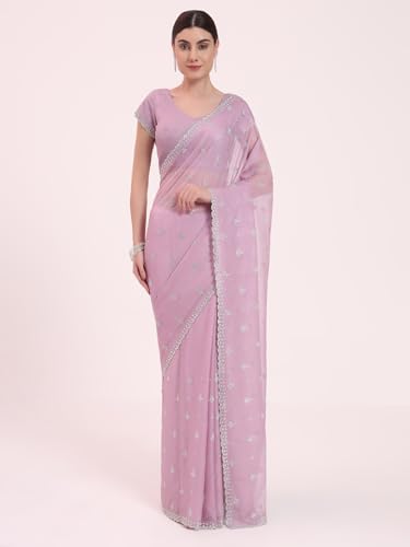 FIORRA Women's Lavender Organza Crushed Siroski Work Embellished Border Saree With Unstitched Blouse