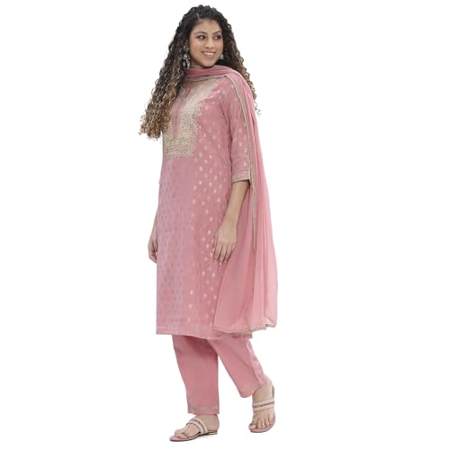 BIBA Women Pink Polyester Straight Suit Set_36