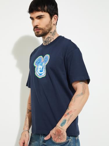 Max URB_N Men Mickey Mouse Print Oversized T-Shirt(Blue_XL)