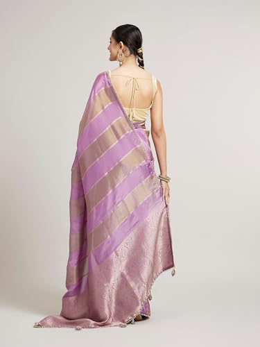 MOHEY Women's Georgette Paisley Pattern Pearl Border Saree(Purple)