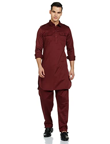 Amazon Brand - Symbol Men's Cotton Solid Kurta Sets (SYMETHSET-7_Burgundy L)