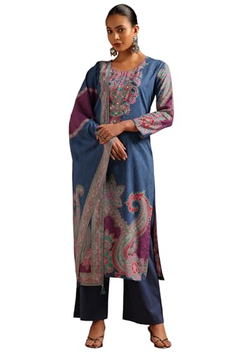 Soch Womens Blue Cotton Botanical Salwar Suit With Sequins
