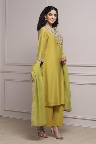 Biba Women Lime Green Chanderi Straight Dyed Suit Set_42