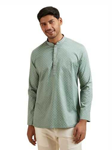 Manyavar Men's Cotton Digital Print|Embroidered Short Kurta (Green,M)