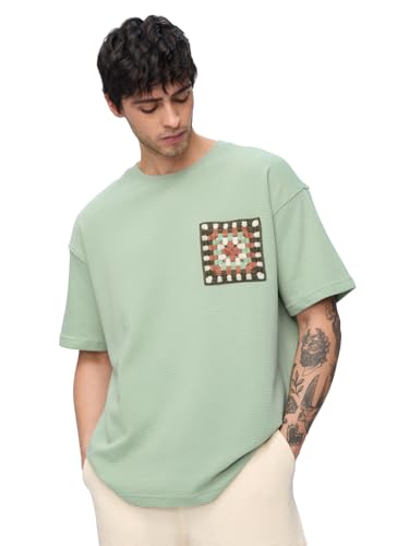 The Souled Store Ottoman T-Shirt: Indie Weave Men and Boys Short Sleeves Round Neck Green Embellished Cotton Blend Oversized T-Shirts