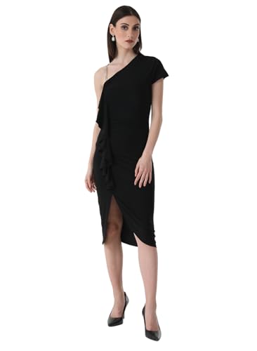 Kazo Solid Polyester Blend Asymmetric Women's Midi Dress (Black, Small)