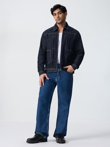 The Souled Store Denim Jacket: Raw Blue Men and Boys Full Sleeves Spread Collar Solid Cotton Regular Fit Lightweight Everyday Easy to Style Streetwear Trendy Winter Layering Denim Jacket