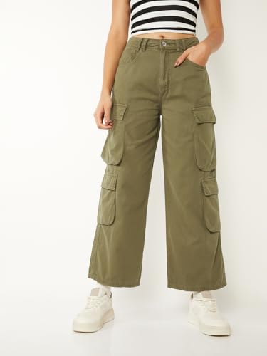Max Women Solid Cargo Trousers (Green_26)