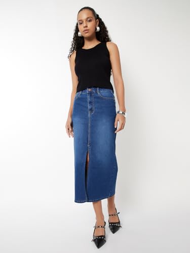 Max Women Washed Denim High Rise Skirt (Blue_30)