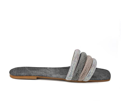 LOUIS STITCH Women’s Fashion Flat Slip-On Sandals | Open Toe Grey Glitter Strap Flat Slipper for Ladies, Comfortable Slipper | LSOF-LDSL-GLFSGY | (UK-5)
