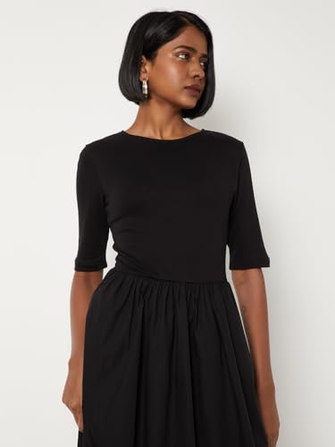 Max Women Solid Fit & Flare Dress (Black_L)