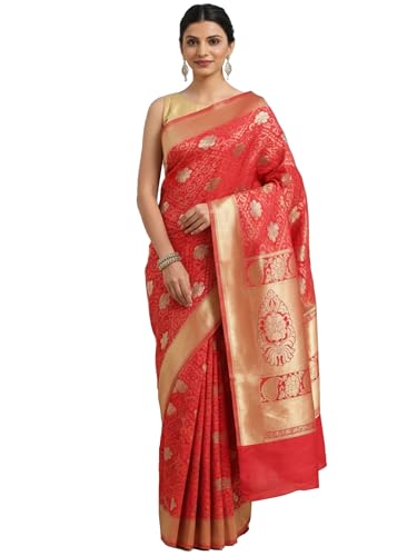 AKHILAM Women's Red Silk Blend Floral Printed Saree With Unstitched Blouse Piece (KLSHIS85002_AI)