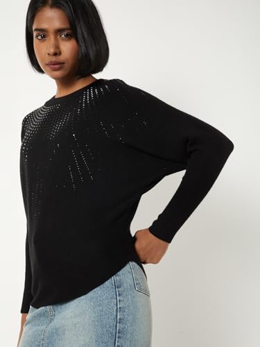 Max Women Embellished Knit Sweater (Black_XL)