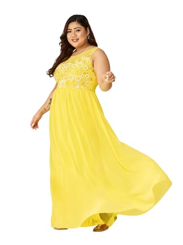 Miss Chase A+ Women's Boat Neck Sleeveless Embroidered Georgette Gathered Maxi Dress (APSS22D16-18-304-08, Light Yellow, 3XL)