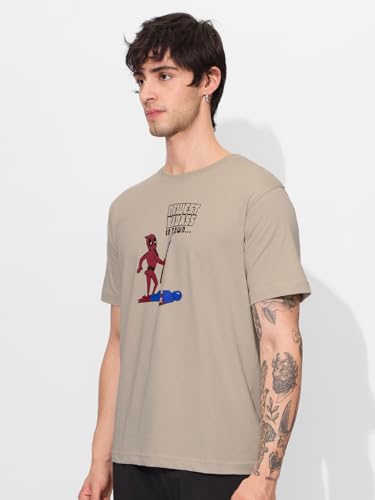 The Souled Store Official Deadpool: Newest Badass Men and Boys Short Sleeves Round Neck Brown Graphic Printed Regular Fit Cotton T-Shirts