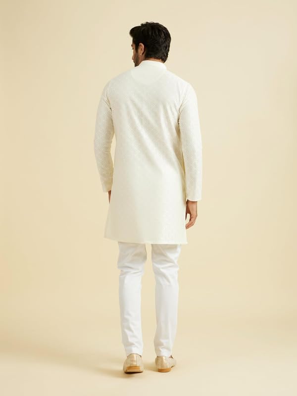 Manyavar Men's Art Silk Self Design Kurta Pyjama Set (Cream,S)