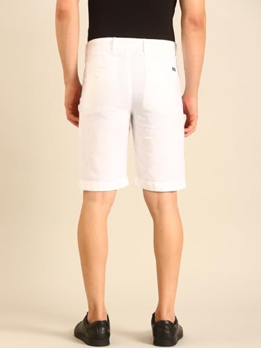 Linen Club Men's Linen White Solid Contemporary Fit Casual Shorts (Size:30)