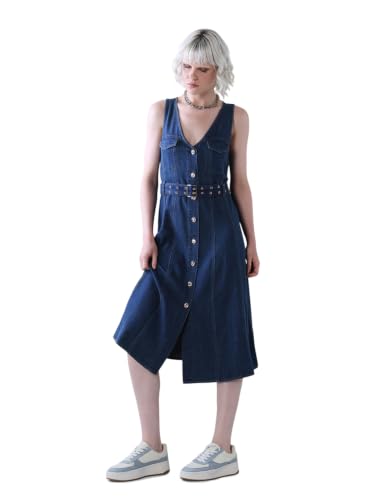 ONLY Women's Solid Fit and Flare Blue Dress with Belt
