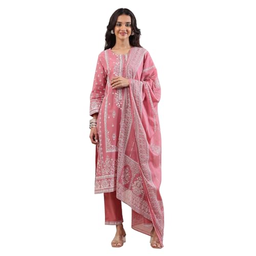 Biba Women Pink Cotton Straight Suit Set_32