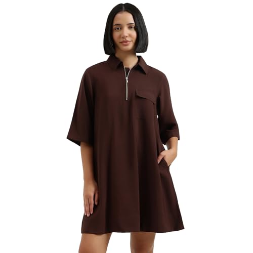 United Colors of Benetton Regular Fit Regular Collar Solid Dress (Size : S) - 26P4WVNDRX54I1Y0 Brown