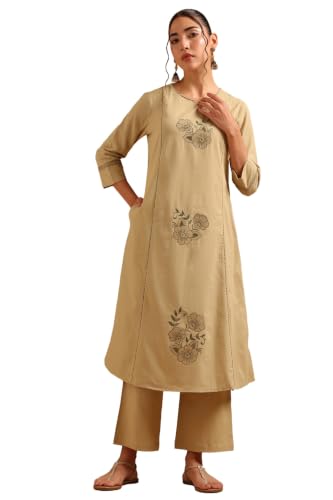 Soch Womens Beige Cotton Flex Floral Thread Work Kurta Set