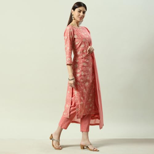 Biba Women Blush Pink Printed Straight Kurta Regular Pants Suit Set_46