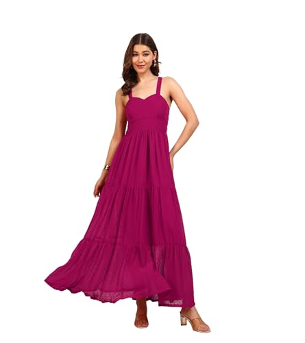 DEEBACO Women's Georgette Dobby Strappy Tiered Maxi Dress|Sleeveless|Sweetheart Neck|Casual Trending Fashion Long One Piece Dresses Women Western(DBDR00002280_M_Magenta)