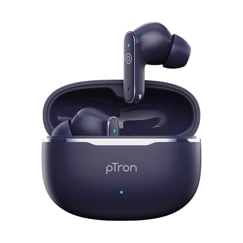 pTron Bassbuds Eon in-Ear TWS Earbuds w/ 13mm Drivers, 45Hrs Playtime, Dual HD Mic & TruTalk AI-ENC Calls, Custom EQ, Mobile App, Bluetooth v6.0 Headphones,Voice Assist., Type C Charging & IPX5 (Blue)
