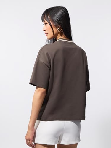 The Souled Store Mickey Mouse: It's A Goal Women and Girls Short Sleeves V Neck Brown Graphic Printed Cotton Drop Shoulder Ligthweight Breathable Comfortable Streetwear Oversized T-Shirts