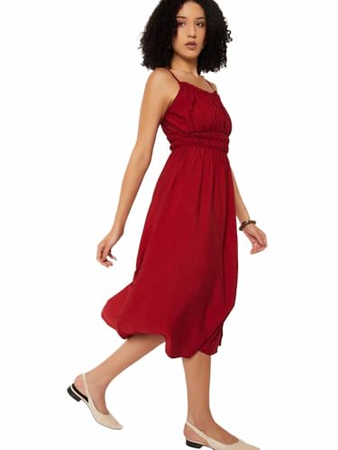 Max Women Solid A-line Midi Dress (Red_XS)