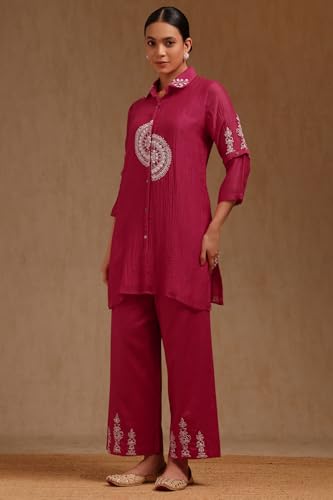 Soch Womens Fuchsia Chanderi Embroidered Co-Ord Set