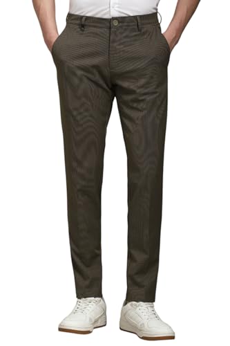 Men Olive Slim Fit Stripe Flat Front Casual Trousers