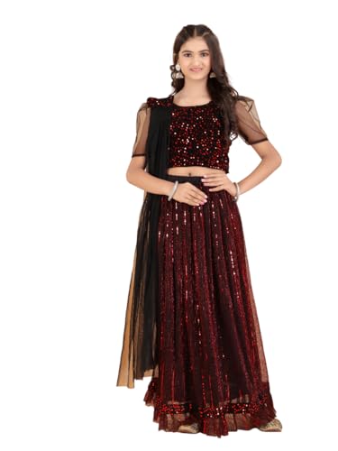 Xavima Niharika Maroon Girls Super Net Readymade Lehenga Choli Set With Dupatta Skirt Blouse Dress Outfit For Kids Event Stage Celebration School Gathering Public Program_3-4 Years